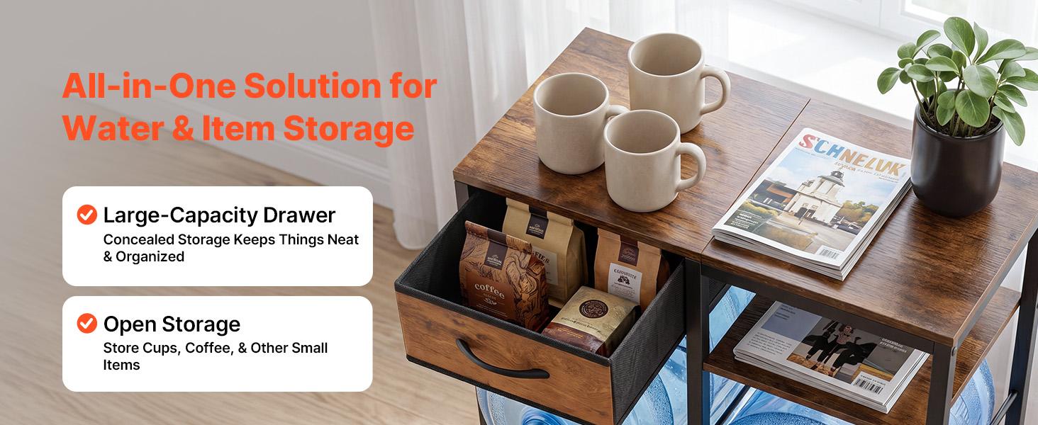 【summerfinds】VEVOR Water Jug Holder, 4 Tiers Double Rows 3 and 5 Gallon Water Bottle Holder for 4 Bottles, Heavy Duty Jug Rack Organizer with Storage Shelf and Drawer, for Kitchen, Living Room, Black and Brown