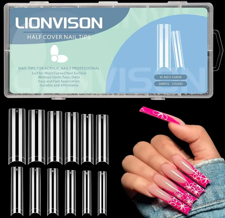 LIONVISON XXL Square Nail Tips: No C Curve 12 Sizes Tapered Nails Tips | Half Cover Extra Long Clear Square Straight Nail Tip - 240PCS for Home DIY with Box for Acrylic Nails Professional