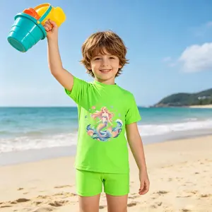 Kids Toddler Beautiful Mermaid Rash Guard Set, Boys Girls Two‑Piece Short Sleeve Swimsuit, Ocean Seashell Summer Beach Pool Swimwear