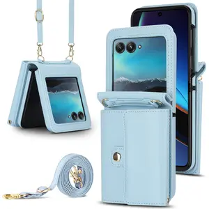 For Moto Razr Women's Wallet Phone Case Protective Smartphone Cover with Lanyard, Small Leather Purse Credit Card Slot, Durable Protective Anti-Slip Shockproof Full Cover, Fits Motorola Razr Ultra Series Gift Casing Accessories
