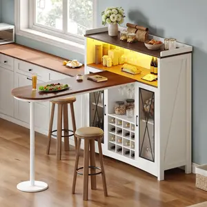 DWVO Large Home Bar Unit with Wine Bar Cabinet & LED Light, Tall Height Mini Bar Table with Wine Rack, Glass Holder, Barn Door, Farmhouse Coffee Cabinet with Storage for Home Kitchen Pub, White