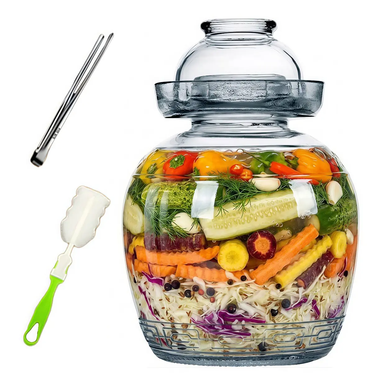 2.5L / 5L / 7.5L Glass Fermentation Jar with Water Seal, Airtight Pickling Jar for Kimchi, Sauerkraut & Fermented Vegetables, Includes Tongs & Cleaning Brush