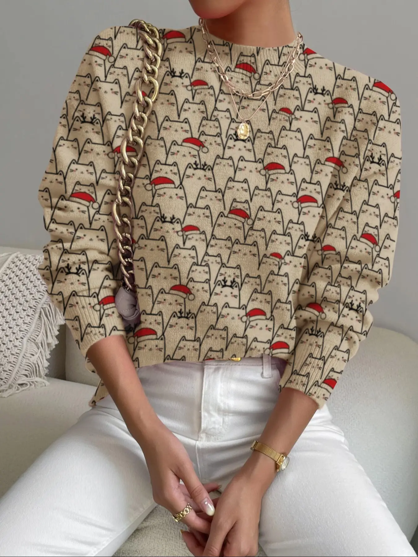 Women's Christmas Cartoon Print Stand Collar Sweater, Fall Winter Casual Long Sleeve Knitwear, Comfortable Warm Daily Wear
