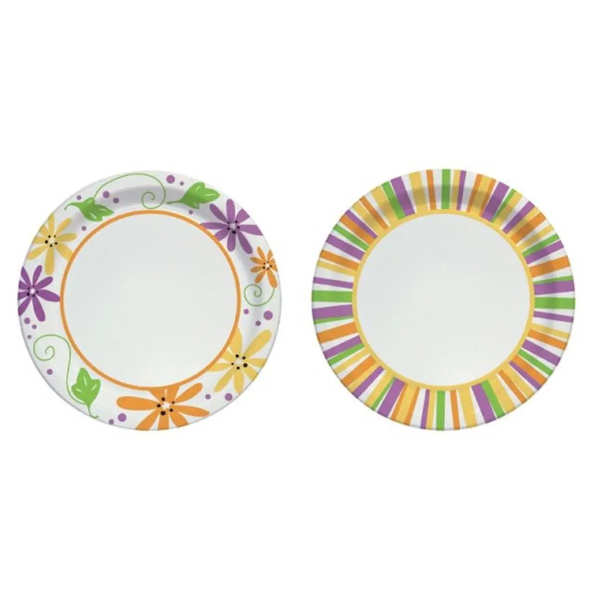 212 MAIN 7 in. Disposable Heavy-Duty Plastic Dinner Plates - Floral & Stripe Design, Greaseproof, Heat Resistant, Leak-Proof, Mixed Color, Solo Cup RD7P Pack of 12, Festive Gathering Party Tableware
