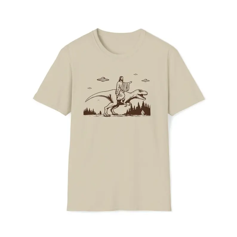 Jesus Riding Dinosaur T-Shirt UFO T-Shirt Funny T-Shirts Offensive Cool Graphic T-Shirts Crazy Shirts for Men Women Boys Novelty T-Shirt