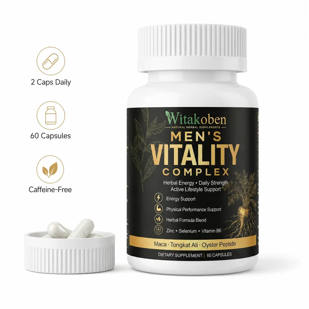 Men’s Daily Energy Support Vitamin Capsules with Maca Root, Tongkat Ali, Oyster Peptide, Zinc, Selenium & Vitamin B6 for Active Lifestyle, 60 Count