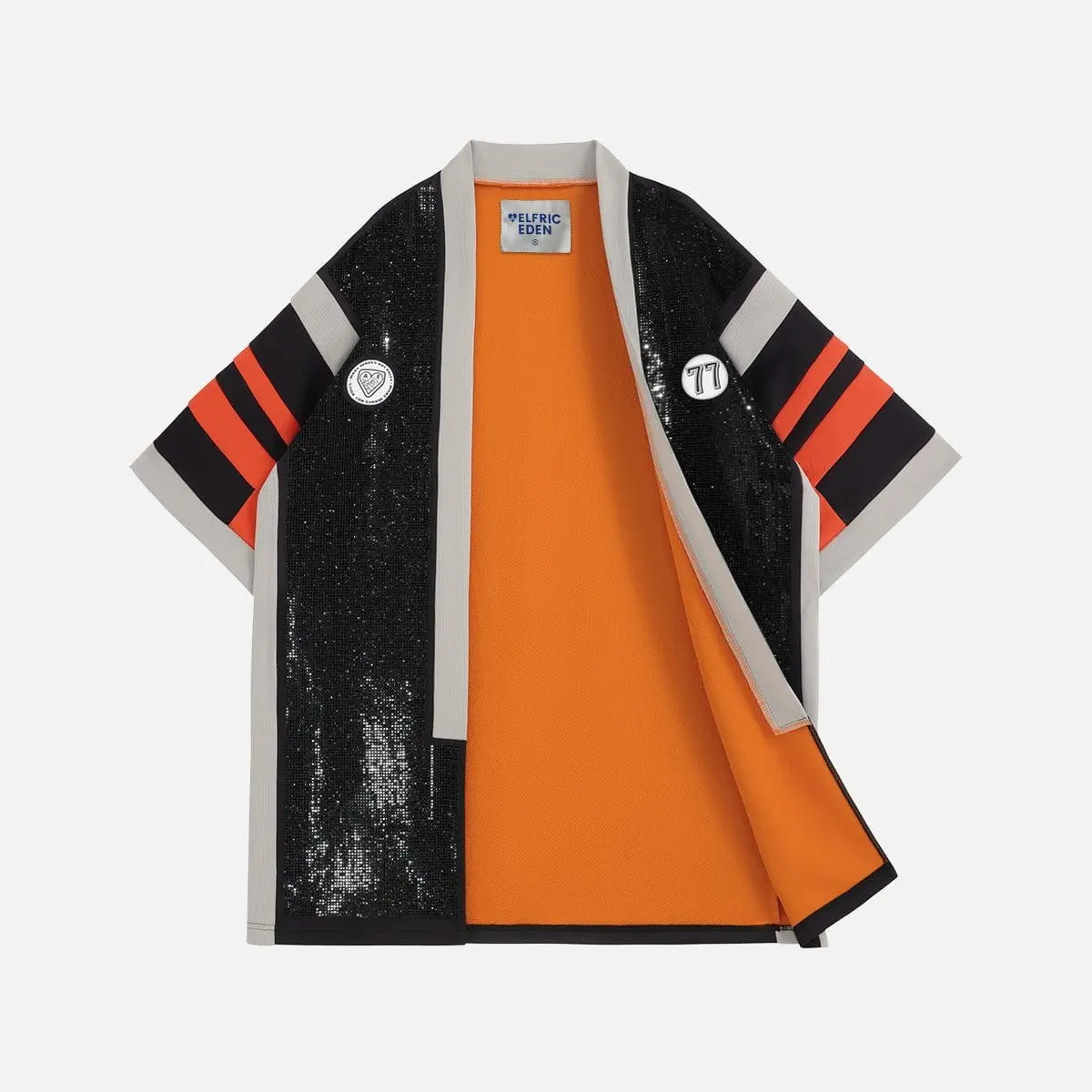 AELFRIC EDEN Men's Streetwear Kimono Robe, Oversized Fit Polyester Piece with Crystal Details and Ukiyo-e Graphic Print, Spot, Menswear, Rhinestones, Crystal Accents