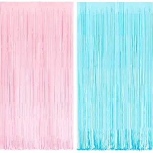 Tinsel Photo Backdrop Curtains - 2 Pack 3.2x8.2ft Pastel Pink Blue Foil Fringe Streamer Curtain for Christmas/Boy or Girl Birthdays/Mermaid/Candy/Donuts/Easter/Engagement Party Decorations