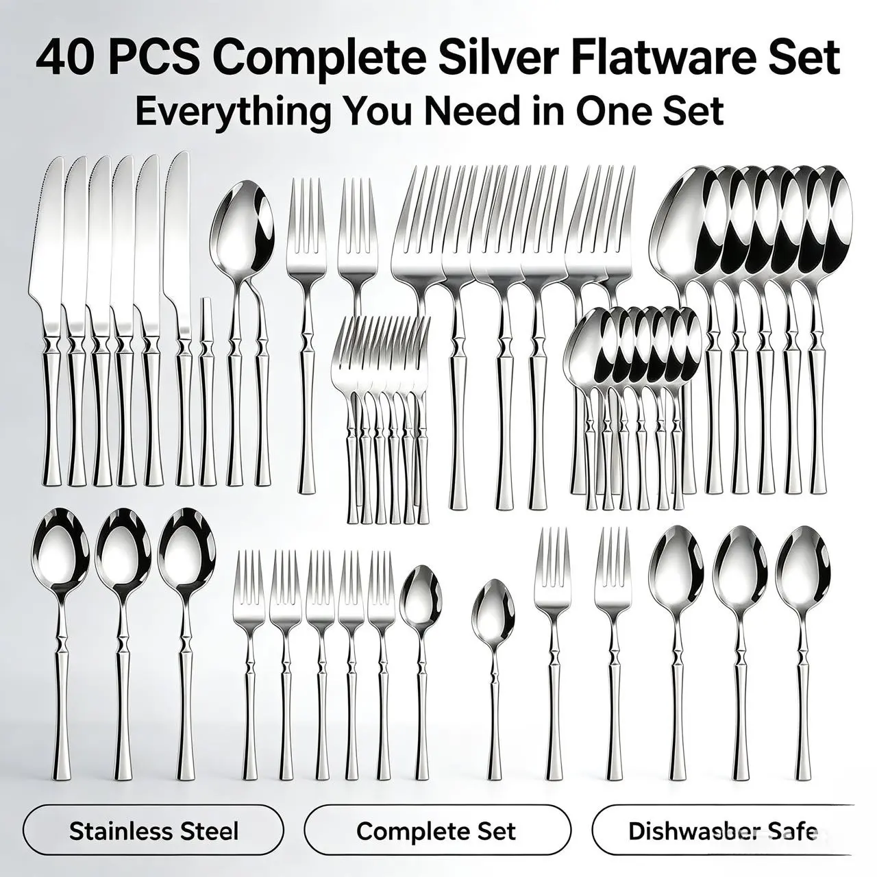 40 Pieces Complete Silver Flatware Set, Premium Stainless Steel Silverware Cutlery Utensils, Dishwasher Safe Table Setting Decor for Family Dinner, Banquet, Holiday Party, Ideal Housewarming Gift