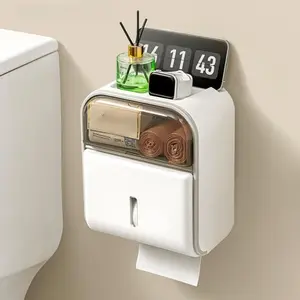 Toilet Paper Holder with Mobile Phone Shelf With Visible Window - Dual Dispensing Ports for Facial Tissues and Toilet Rolls - Large-Capacity Storage Box - Wall-Mounted, Waterproof Bathroom Tissue Dispenser - Bathroom Accessory & Home Essential