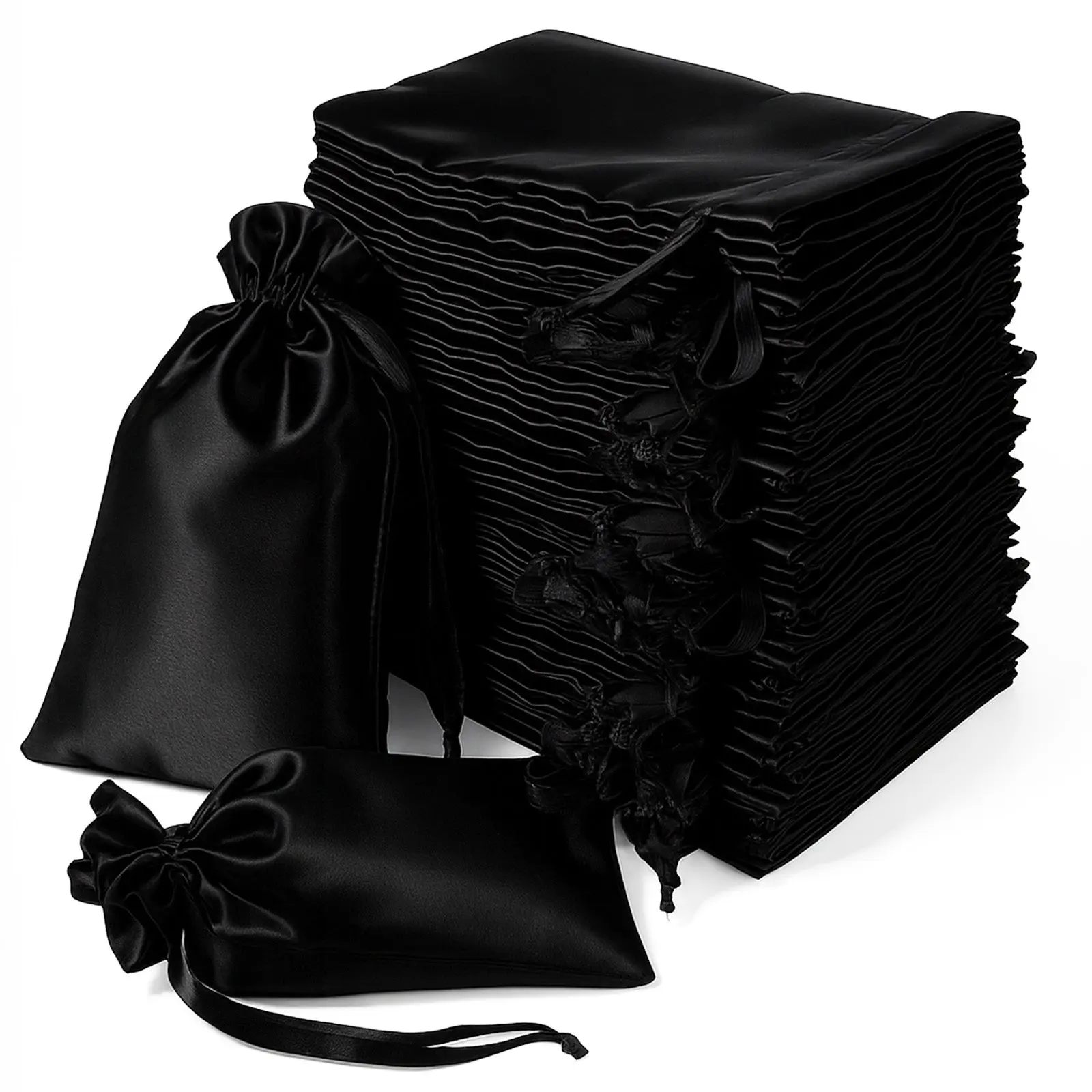60 Pack 5"x7" Black Satin Drawstring Wedding Party Favor Gift Bags
