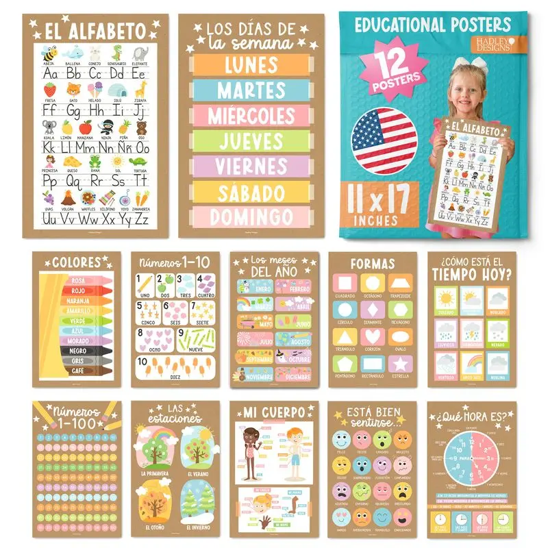 Hadley Designs Spanish Posters for Classroom - 12 Bilingual Educational Posters, Alfabeto en Espanol Wall Decor