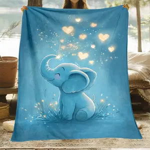 Cute Blue Baby Elephant Glowing Heart Print Soft Cozy Flannel Blanket Magical Watercolor Animal Plush Throw Warm Fuzzy Bedroom Sofa Blanket Perfect Baby Shower Birthday Christmas Gift for Kids Toddler Elephant Lover Women Home Decor