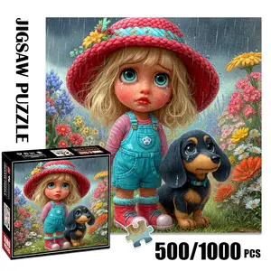 1pc 1000 piece adult puzzle 58x58cm Girl with Big - eyed Dog Animal in Flower Field on Rainy Day 500 pieces of paper puzzle, suitable for adults and families, large-scale DIY puzzle interactive toy ga