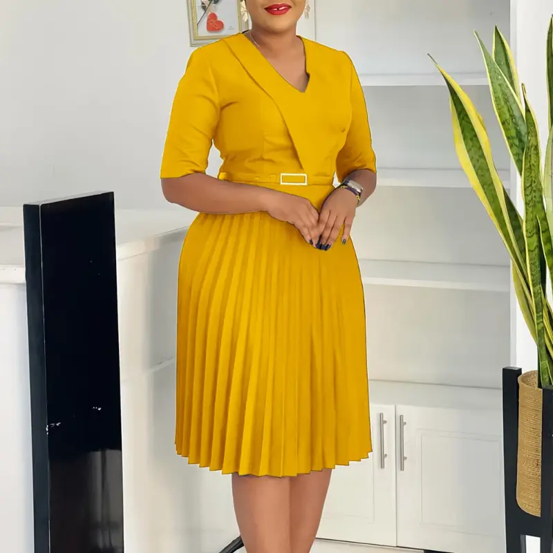 set woman Church Dresses for Women Elegant V Neck Half Sleeves Pleated  A-Line Midi Dress Female Classy Modest African Summer Fashion Gowns -  TikTok Shop