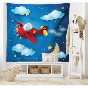 Plane Tapestry, Retro Airplane Flying at Night Sky with Moon and Stars Artisan Cartoon Print, Wide Wall Hanging for Bedroom Living Room Dorm, 80" X 60", Blue and Red, Artwork Print Tapestries, Colorful Tapestries
