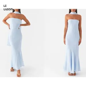 Women Summer Printed Tube Top Dress (including Scarf) Summer Long Dress for Vocation Womenwear