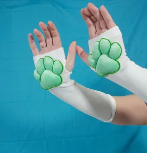 White Plush Cat Paw Fingerless Gloves – Green Soft Squishy Paw Pads