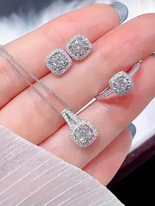 Elegant Artificial Zircon Inlaid Jewelry Set, Exquisite Trendy Pendant Necklace & Stud Earrings & Ring, Chic Jewelry Set for Party & Daily Clothing Decor, Matching Jewelry Set
