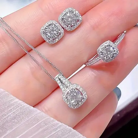 Elegant Artificial Zircon Inlaid Jewelry Set, Exquisite Trendy Pendant Necklace & Stud Earrings & Ring, Chic Matching Jewelry Set for Party & Daily, Bridal Set, Fashionable Jewelry Set
