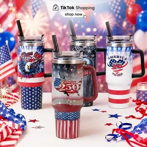 40oz USA Patriotic Tumbler with Handle & Straw — America 250th Anniversary Insulated Stainless Steel Travel Mug, Bald Eagle Flag Design, Dishwasher Safe, Perfect 4th of July Gift