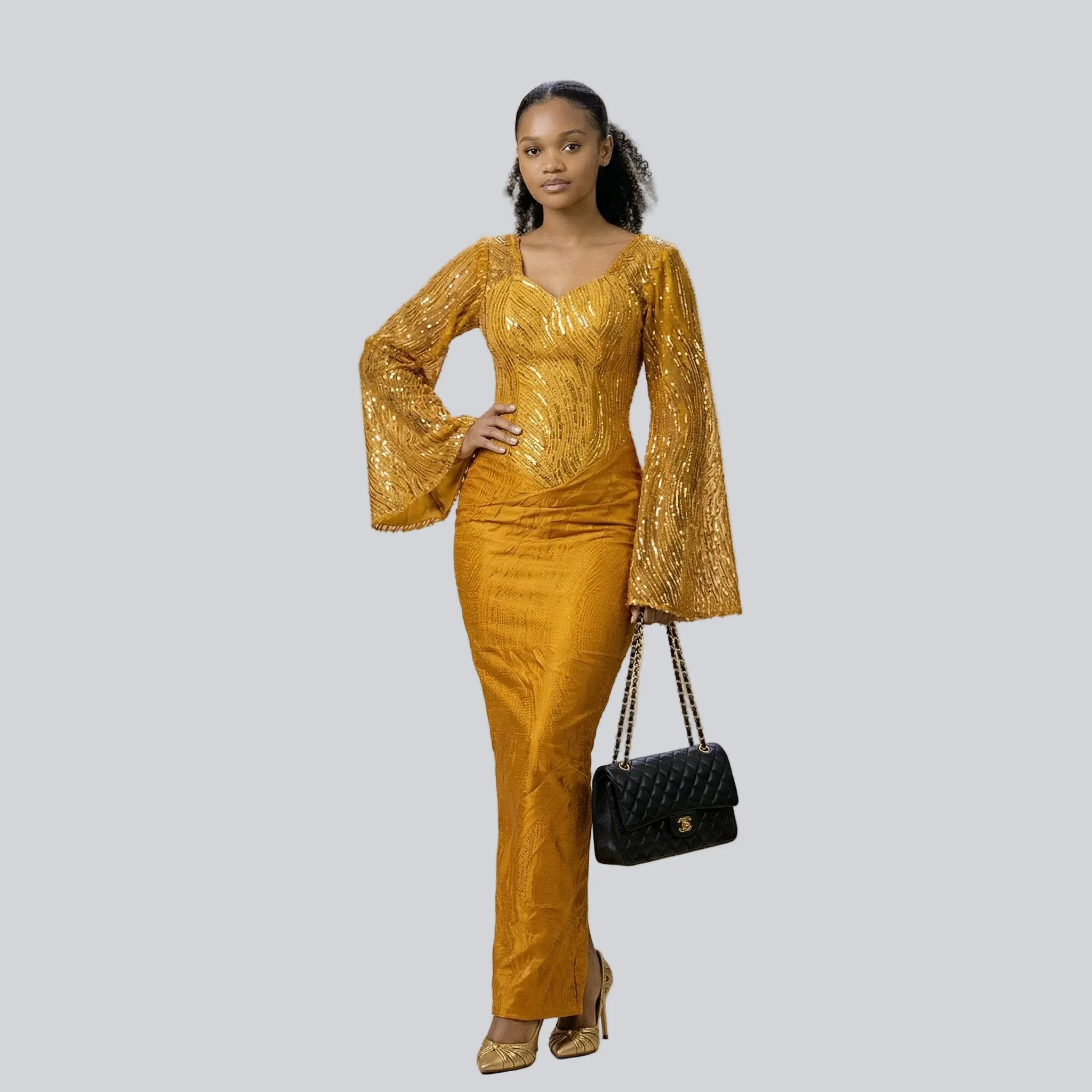 Women's Golden Zari Sequined Couture Gown - Long Bell-Sleeves, Flared Design, Elegant Ceremonial Party Clothes, Formal Long Sleeve Skirt Dress