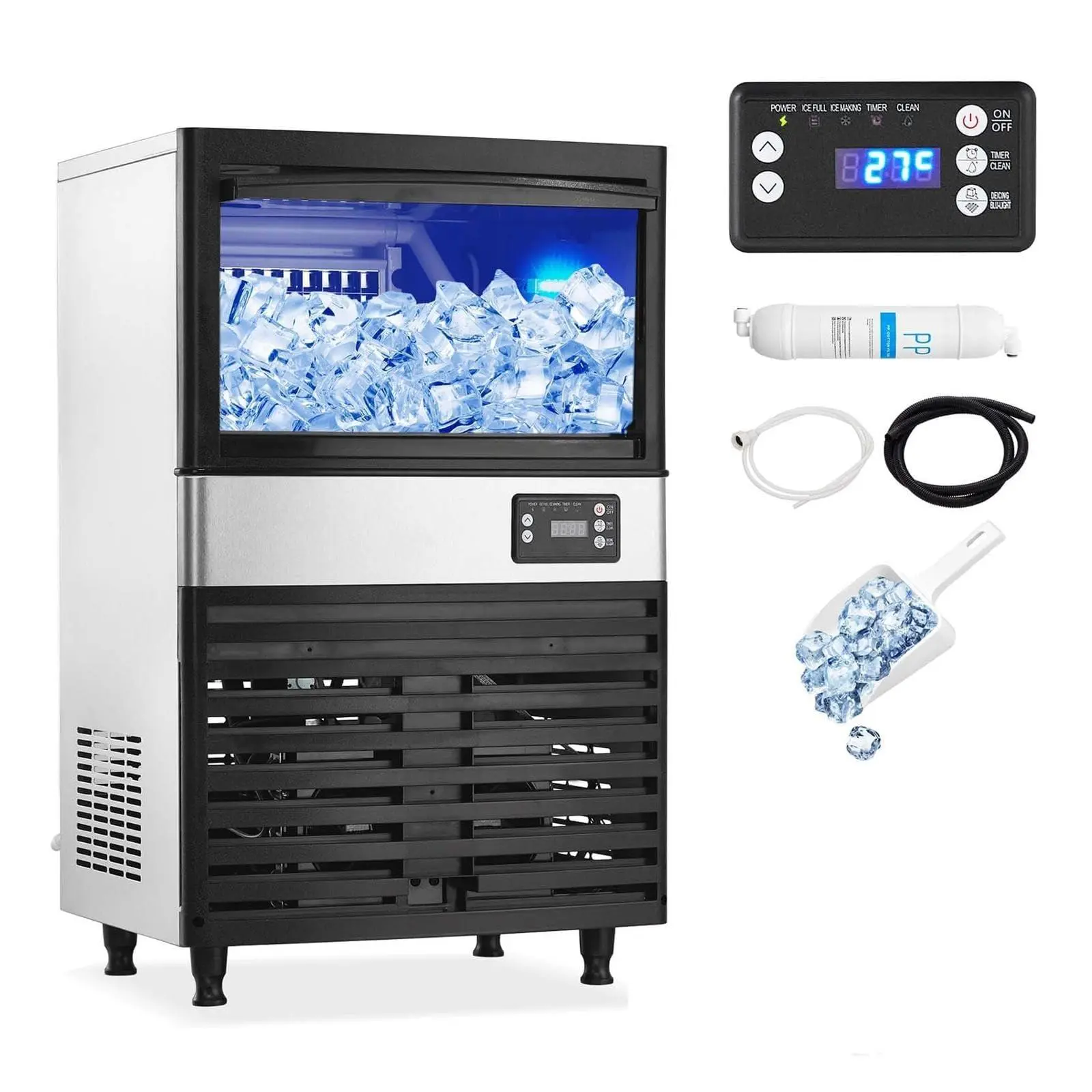 Commercial ice maker machine, 150 lbs/24 hours, 30 lb ice storage bin, produces ice quickly in 5–15 minutes, auto-cleaning, timer function, freestanding or undercounter installation for restaurants, coffee shops, food trucks, and bars patio chairs