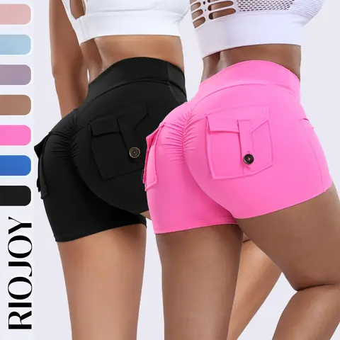 RIOJOY 1-2 Pack Women's Workout Shorts with Cargo Pocket 3" Inseam Scrunch Butt Gym Shorts V Cross Waist Yoga Booty Lifting Athletic Bottom for Women Summer Womenswear