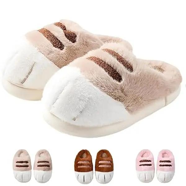 Women's Cute Cat Paw Slide Slippers - Winter Warm Fluffy Soft Fluffy Footwear, Lightweight Cotton Indoor House Shoes for Cat Lovers