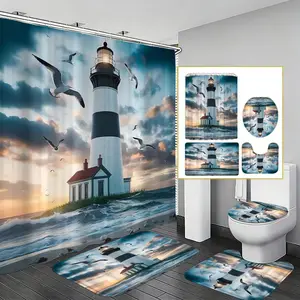 Lighthouse Ocean View Shower Curtain Set, Waterproof Bathroom Decor Kit, Non-Slip Mat, Toilet Lid Cover, U-Shaped Pad, Luxury Bath Ensemble, Bathroom Decoration Accessories