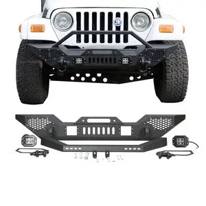 Heavy Duty Front Bumper for Wrangler TJ 1997-2006 Steel Bumper with Built-in LED Lights D-Rings Winch Plate Full Width Offroad Protection Bumper Kit Direct Bolt-On Textured Black Auto Exterior Modification Parts