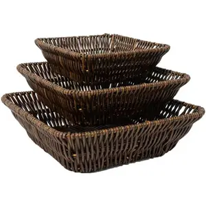 3 Pack Multi-Shape Poly Wicker Serving Baskets, Imitation Rattan Trays with Scalloped Edge, Hand Woven for Fruit, Vegetables, Snacks, Home & Hotel Use (3 Pack Square Faux Rattan Baskets)