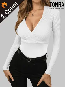 Women's Sexy Fitted Long Sleeve Top, Plain Pattern Design, Perfect for Spring & Fall, Ideal for Casual Wear