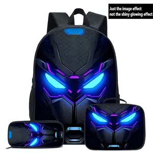 3pcs Cyberpunk Kids Student Casual Backpack Set, Heavy Polyester Fiber School Bag, Laptop Bag And Accessory Pouch, Adjustable Thickened Shoulder Straps And Reinforced Zipper, Suitable for Work, Travel, Gaming - Unisex Fashion Backpack