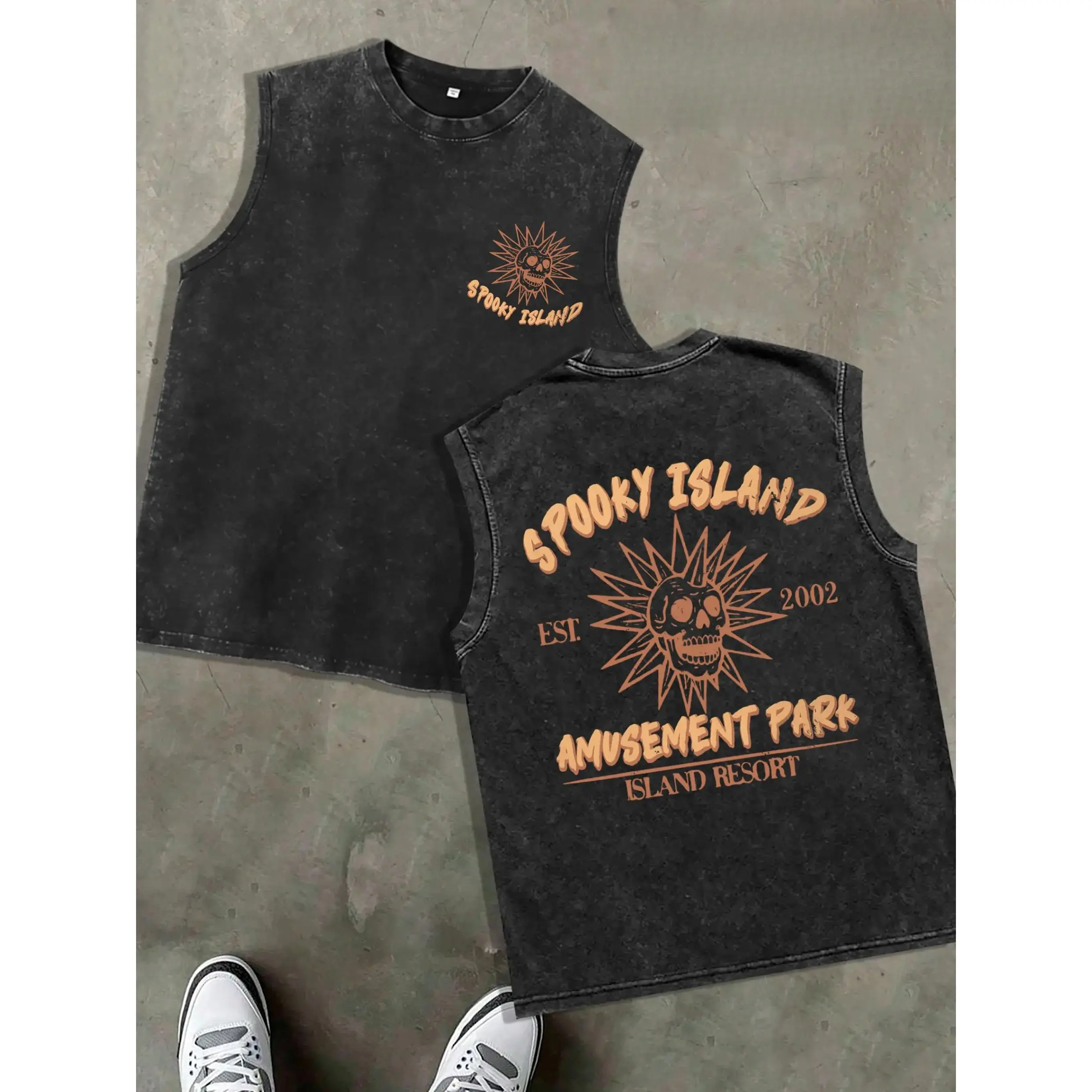 Men's High-Quality Washed Cotton Spooky Island Graphic Tank Top - Loose, Soft Cotton Feels Luxe, Retro Horror Skull Print, Short Sleeve, Casual Round Neck, Party Streetwear, Dark Retro Spooky Art Menswear Undershirt