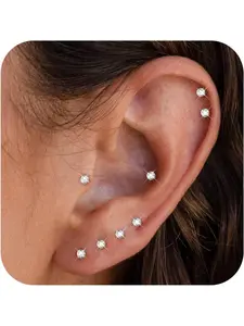 6 Pairs Tiny 2mm Stainless Steel Stud Earrings Jewelry For Mens Womens CZ Round Ball Cartilage Earrings Set Ear Studs