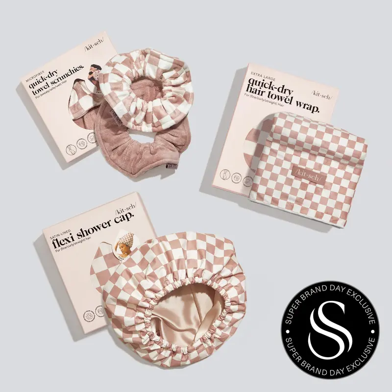 Kitsch Terracotta Shower Routine Bundle - Fast Drying XL Towel Wrap Satin-Lined Shower Cap & Matching Scrunchies