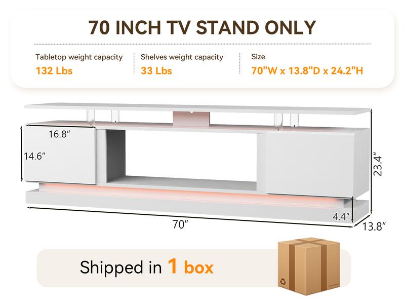 【TV STAND ONLY】oneinmil 70 Inch White TV Stand, Modern Entertainment Center with Storage, Media Console for Living Room&Bedroom circle dinner table coffee  rectangular wooden cookie  lounge sofa side couch pantry cabinet Bathroom Adjustable Tall square