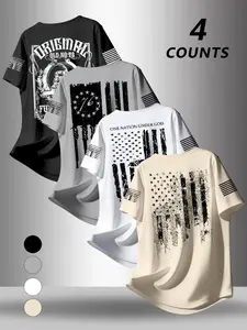 4-Pack American Patriotic Flag Print Short Sleeve T-Shirts, Vintage Round Neck, Loose-Fit, Summer Wear for Men, Street Style