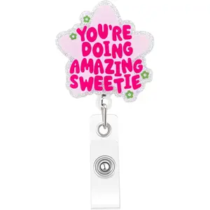 Cute and Funny Nurse Badge Reel, Retractable  Social Worker Badge Reel Accessories, Pink Id Card Holder for Women Girl, You're Doing Amazing Sweetie, Nurse Gifts