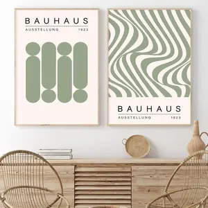 3pcs/set Geometric Line Wall Art Bauhaus 1923 Poster Sage Green Abstract Paintings Mid Century Modern Artwork Bauhaus Exhibition Poster Abstract Shape Prints Boho Modern Picture for Livingroom Unframed
