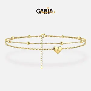 GANIA 14k gold-plated ankle chain, layered heart-shaped foot chain with beaded foot chain, alphabet A to Z series. Fashionable beach accessories with waterproof and sweat-proof technology. Simple and exquisite style. Long-lasting exquisite jewelry.
