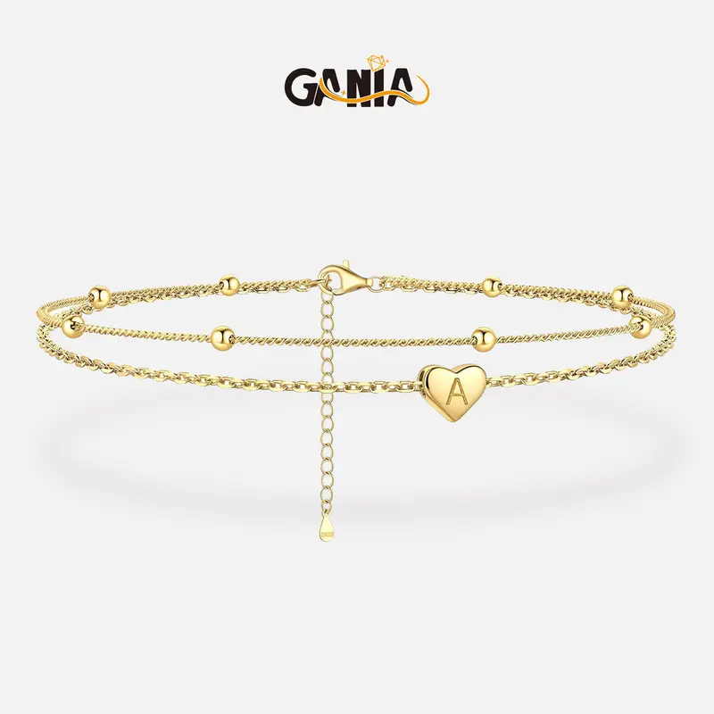 GANIA Gold-plated ankle chain, featuring layered heart shapes and beaded designs, with a series of letters from A to Z. Fashionable beach accessories, with waterproof and sweat-proof technology, simple and elegant style, long-lasting durability.