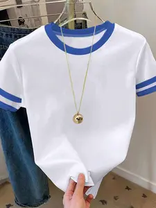 Women's Pink & White Striped T-Shirt, Round Neck Short-Sleeve Top, Soft Casual Loose-Fit Summer Tee for Daily/Streetwear