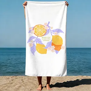Lemons and blossoms on a branch, text overlay, pastel watercolor art style. Sand-Free Beach Towel | Ultra-Light Microfiber | Quick-Dry, Compact for Travel