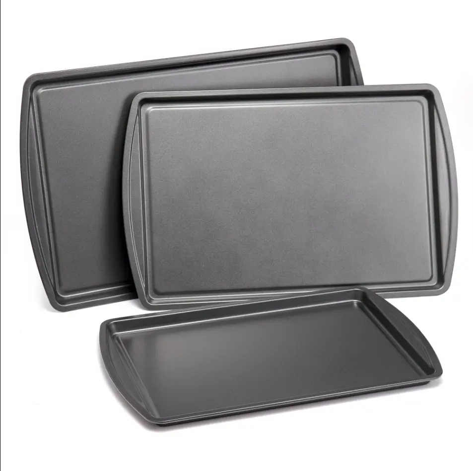 3-Piece Carbon Steel Nonstick Cookie Sheet Set – Heavy-Duty Baking Pans (Gray)