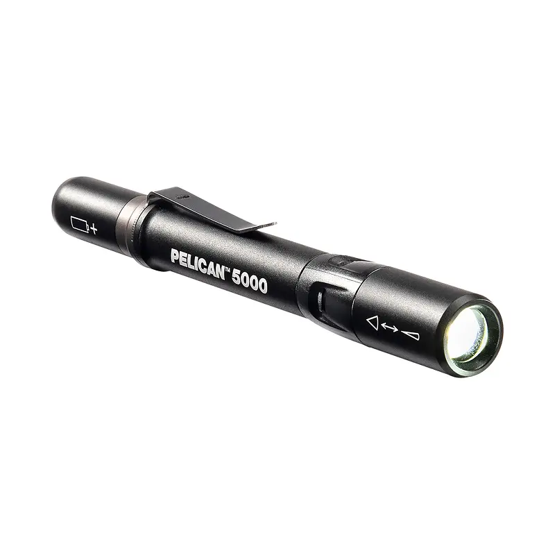 Pelican 5000 LED Flashlight - Black Steel Construction, Alkaline-Powered, 223 Lumens Max, Portable Lighting Solutions for Sports & Outdoor Camping Hiking, Led Lights, 3-Way, Aaa, 5.59 In