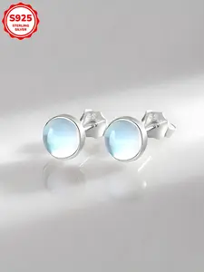 Elegant Simple 925 Sterling Silver Round Moonstone Stud Earrings for Women, Elegant Minimalist Earrings Fashionable Daily Wear Jewelry Gift for Birthdays
