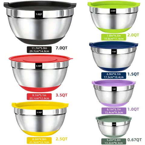20-Piece Classic Round Durable Stainless Steel Nesting Mixing Bowls Set with Airtight Lids, Non-Slip Silicone Bottoms, BPA-Free, 1.5-7 Qt Sizes for Mixing & Serving (Kitchenware Tableware) Storage Bowls With Lids Metal Mixing Bowls