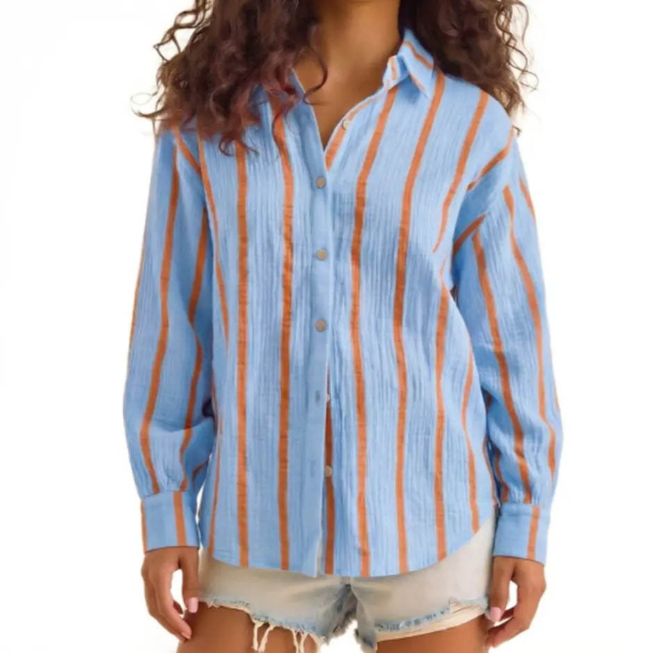 Keeliya Striped Shirts Blouse for Women Boyfriend Sheer Shirt Oversized Summer Beach Cover-up Long Sleeve Loose Fit Shirt Collared Top
